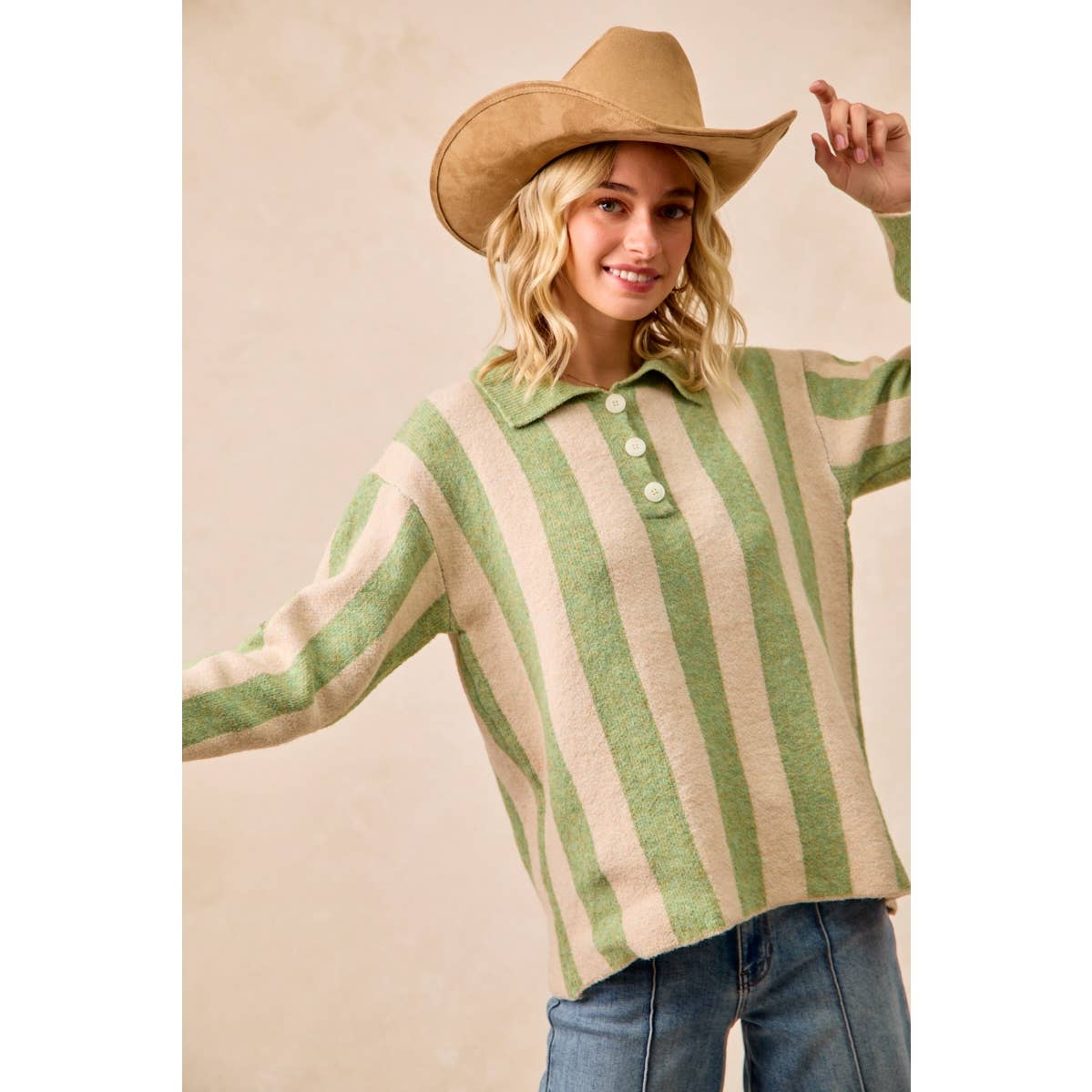 BiBi - STRIPED SWEATER TOP WITH FRONT BUTTONED