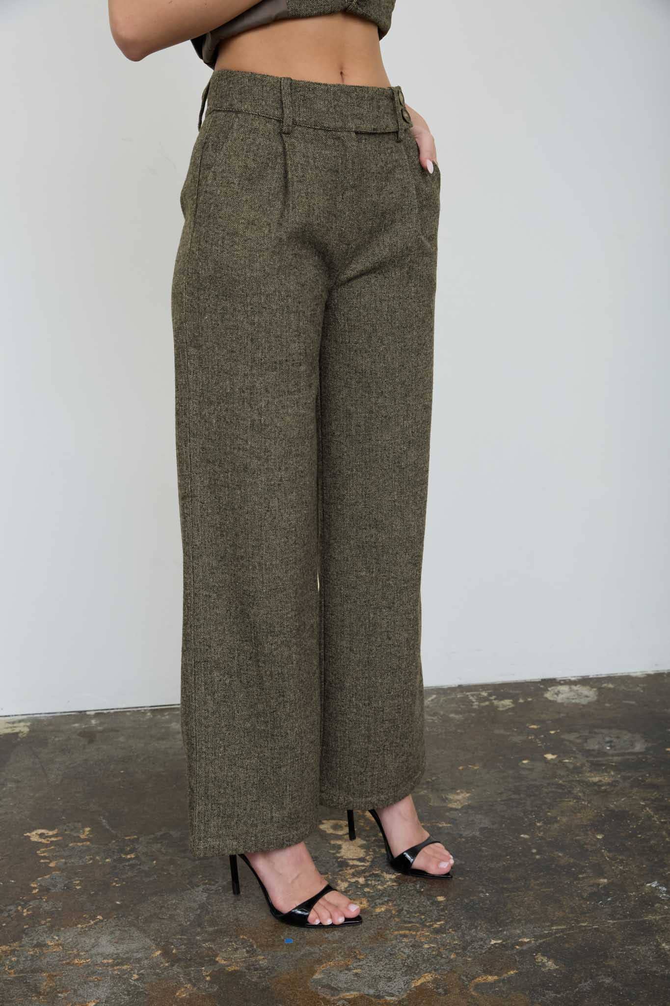 HIGH WAIST PLEATED WIDE LEG TWEED PANTS