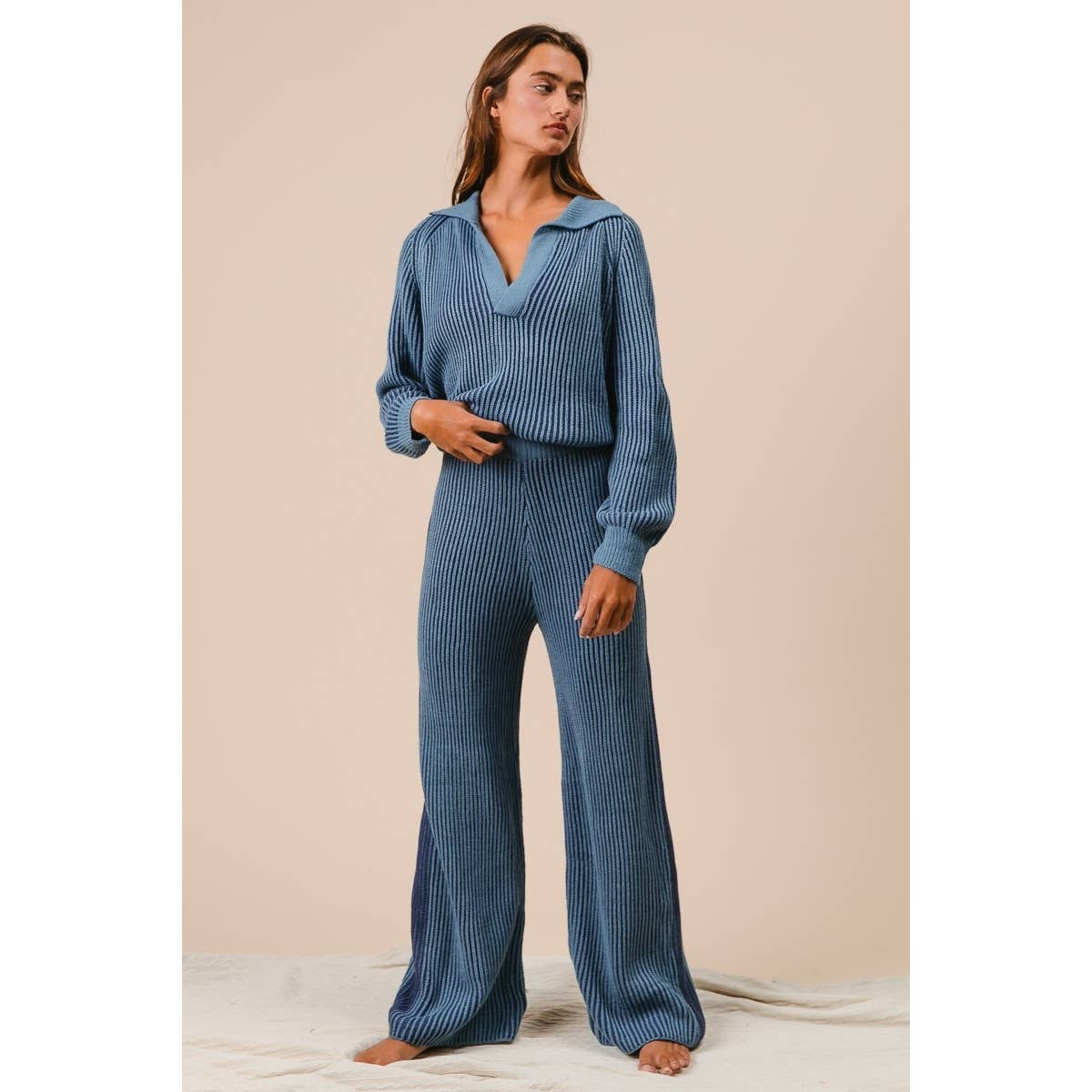 BiBi - TWO TONE RIB TEXTURE SWEATER AND PANTS SET