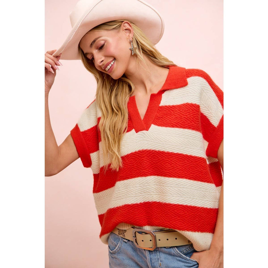 BiBi - TEXTURED STRIPE V NECKLINE RELAXED FIT KNIT TOP