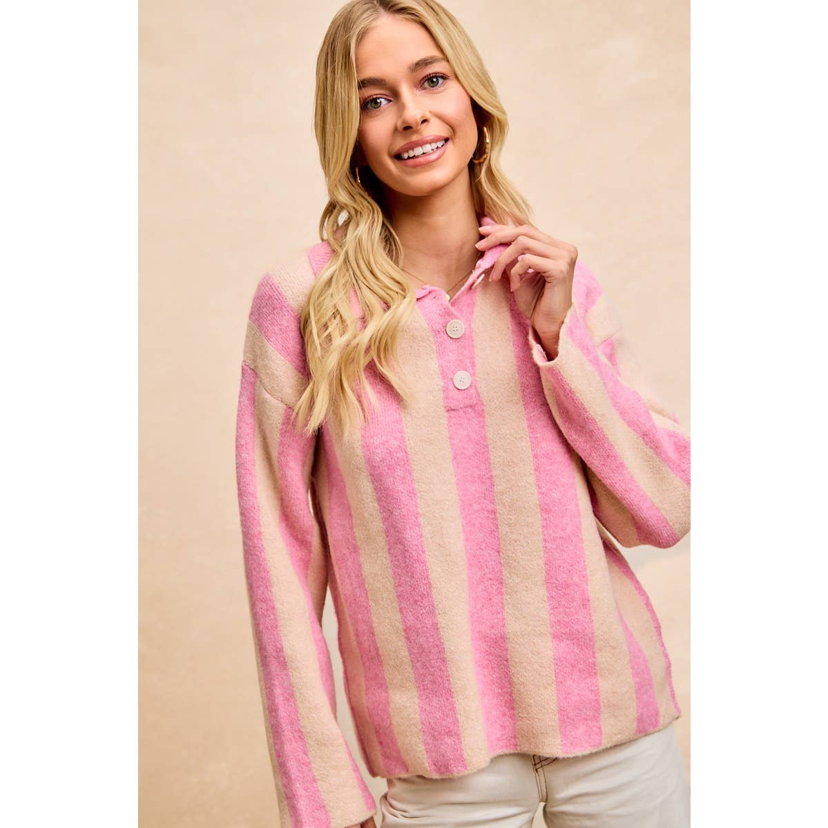 BiBi - STRIPED SWEATER TOP WITH FRONT BUTTONED