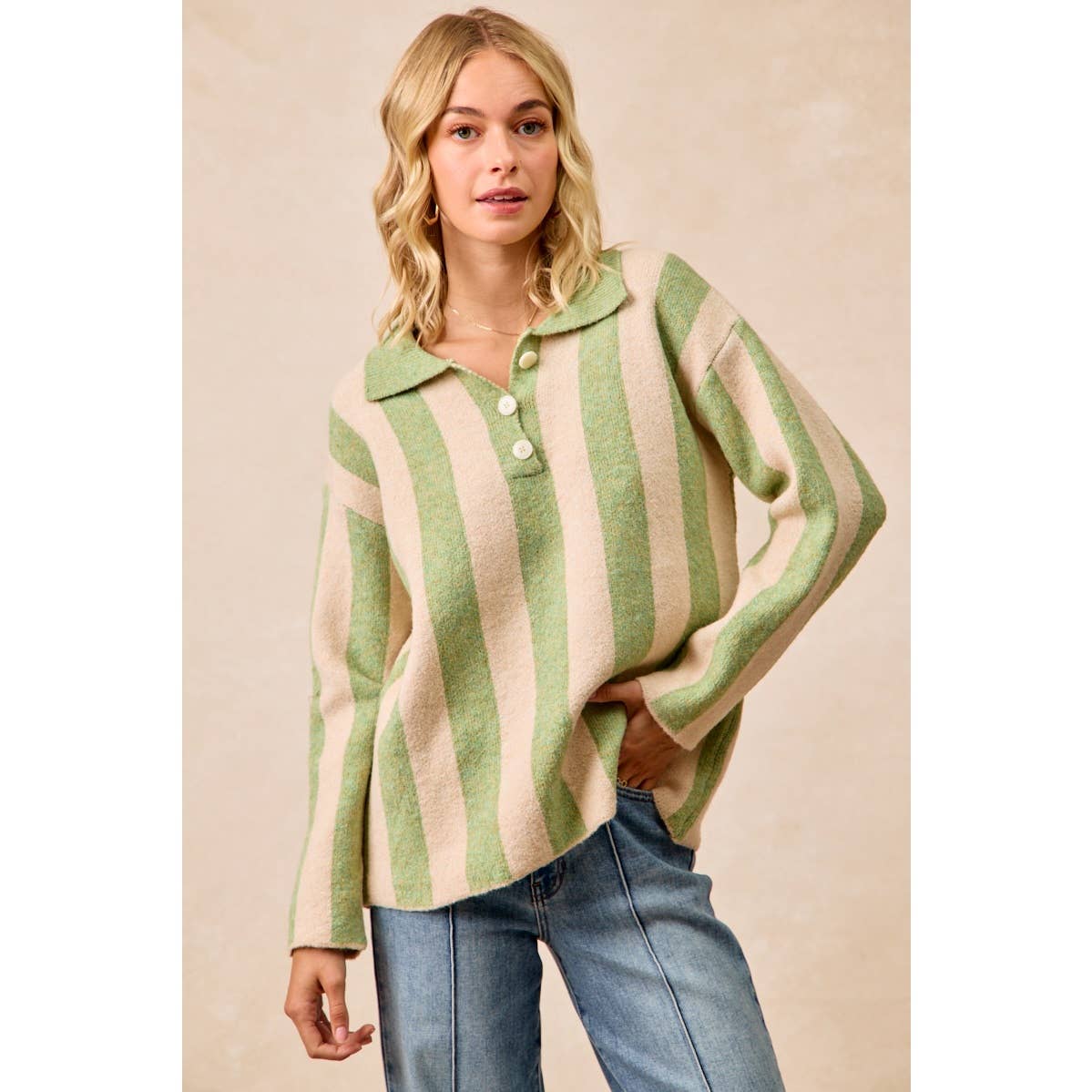 BiBi - STRIPED SWEATER TOP WITH FRONT BUTTONED