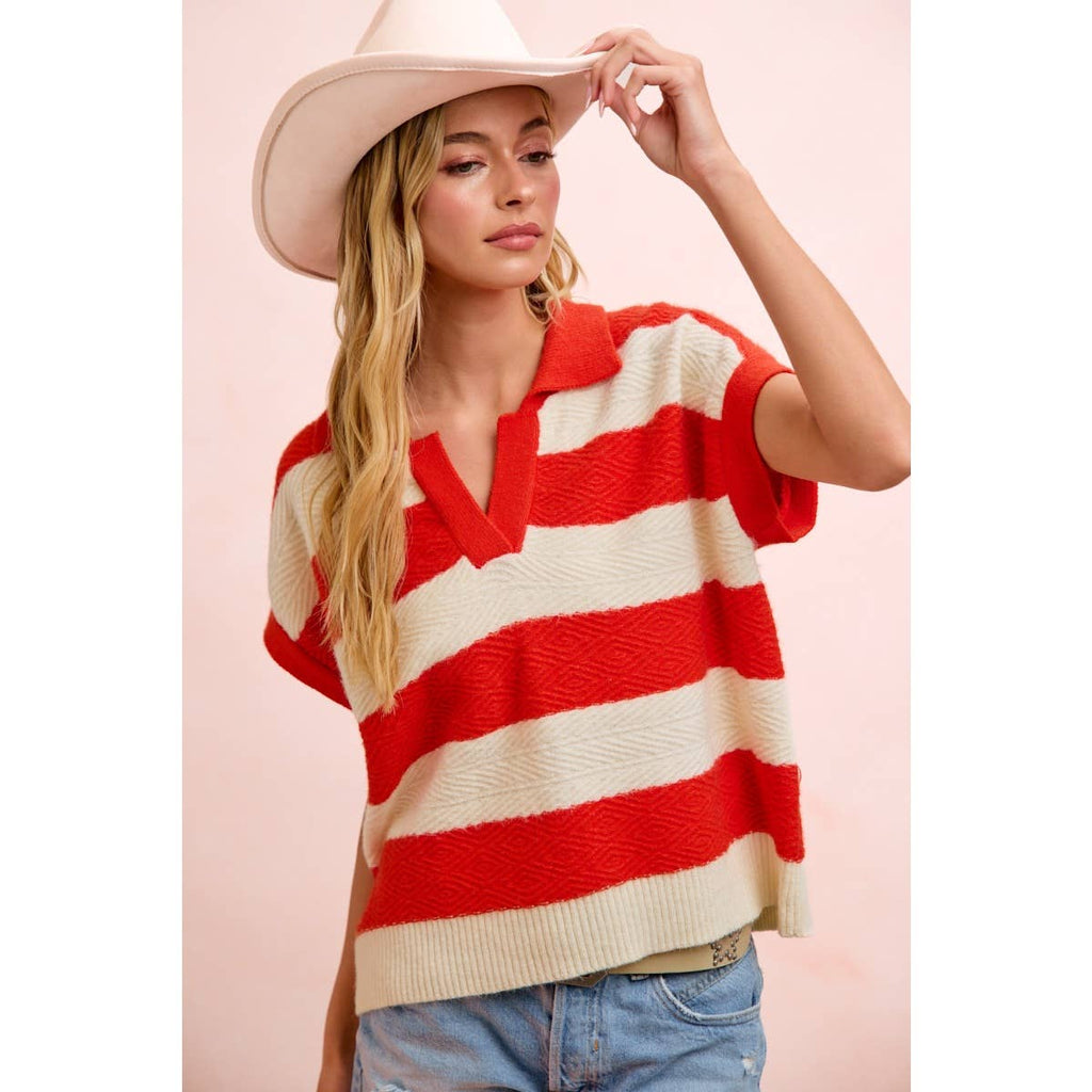 BiBi - TEXTURED STRIPE V NECKLINE RELAXED FIT KNIT TOP