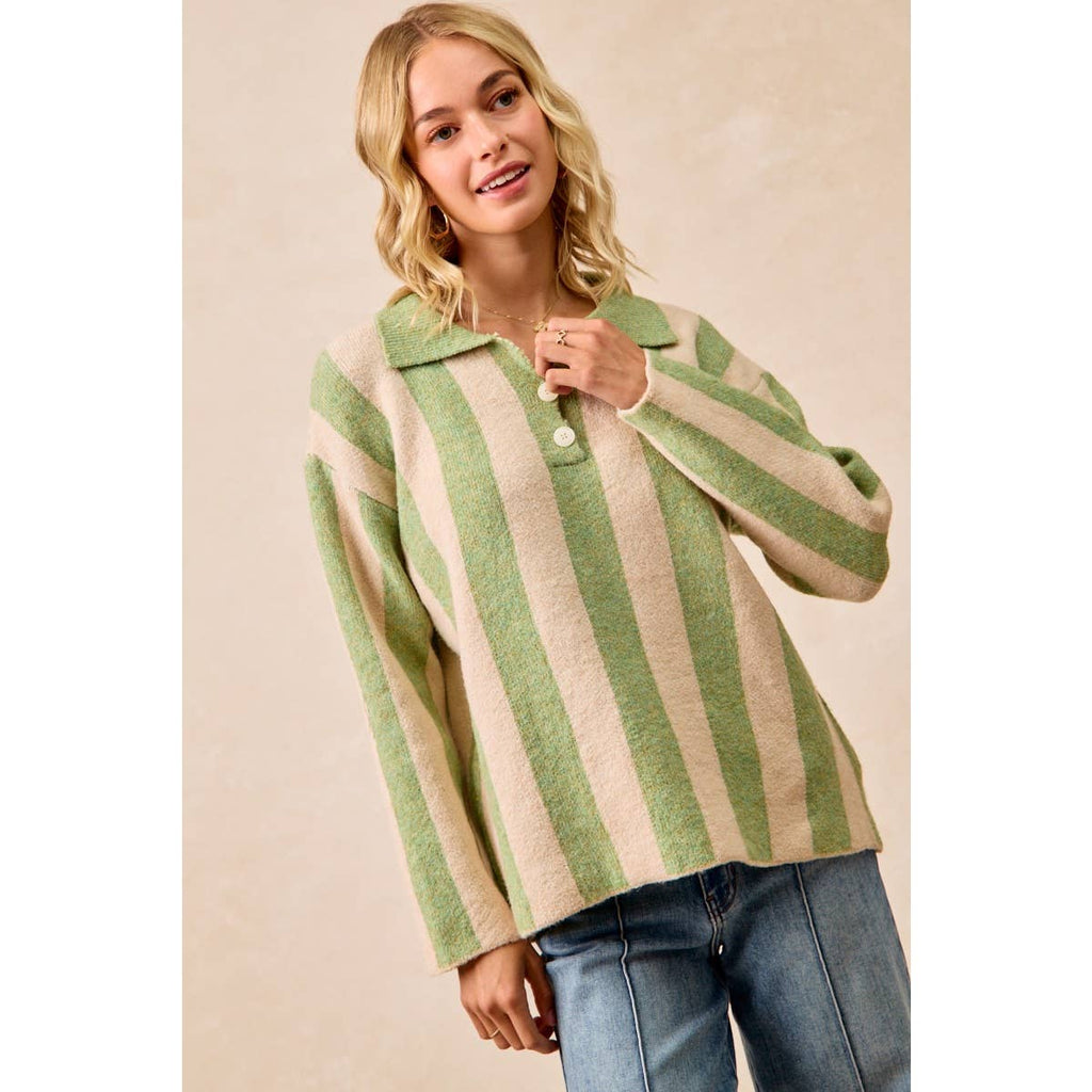 BiBi - STRIPED SWEATER TOP WITH FRONT BUTTONED