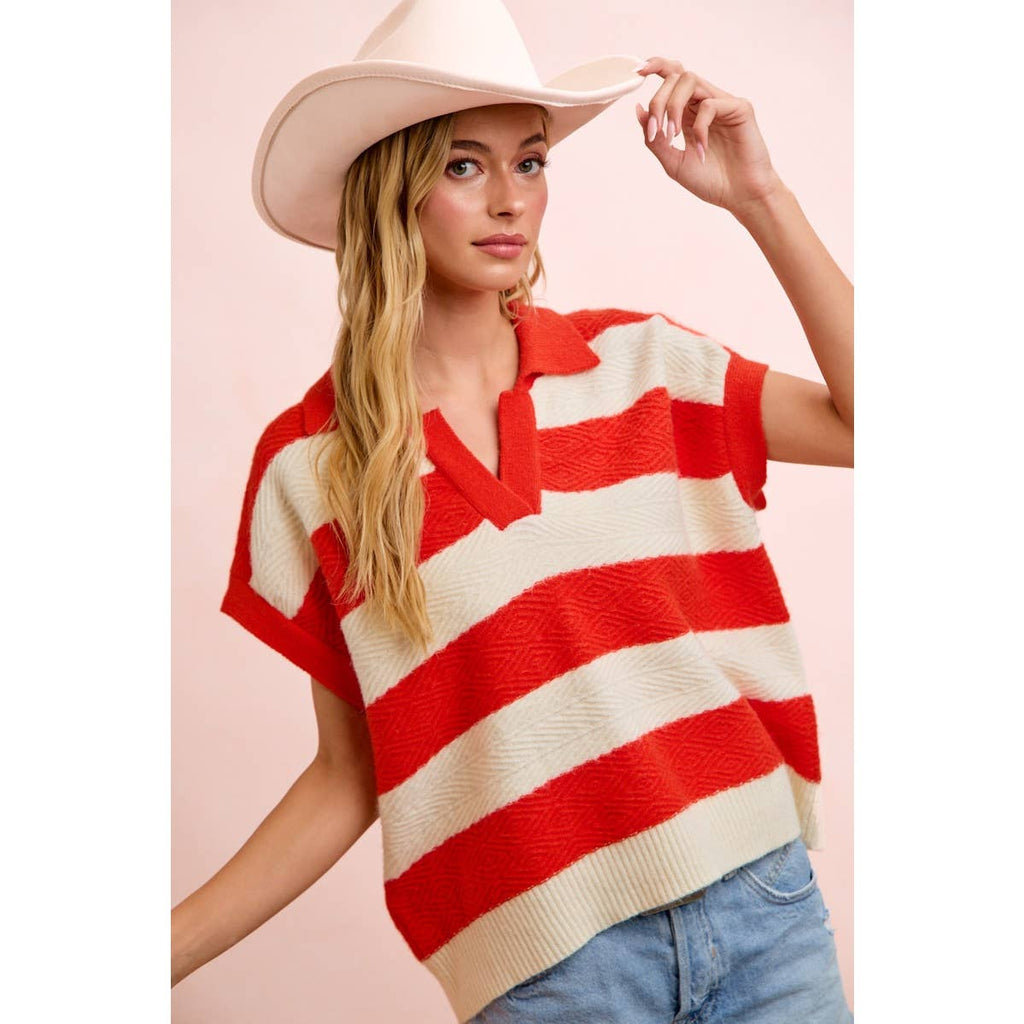 BiBi - TEXTURED STRIPE V NECKLINE RELAXED FIT KNIT TOP