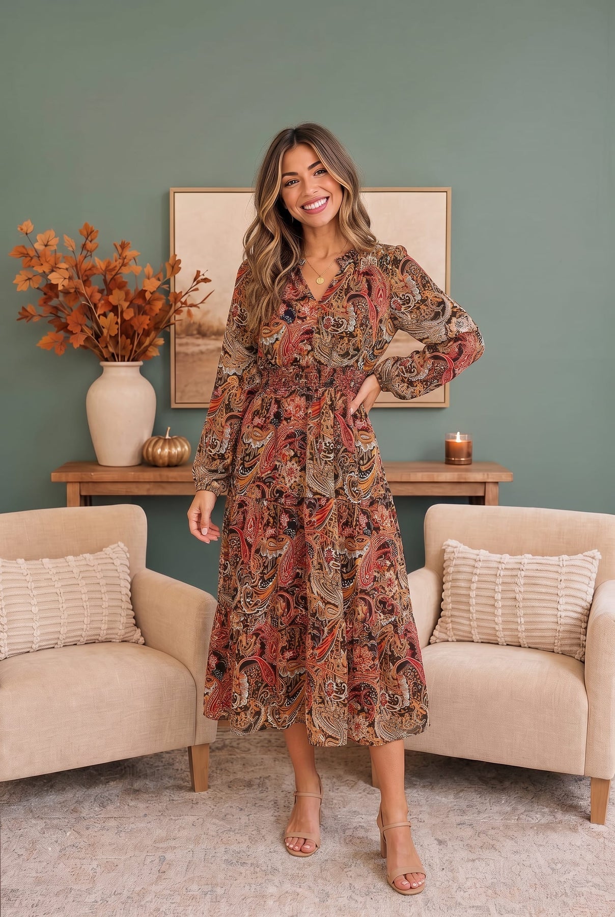 Paisley Print Long Sleeve Midi Dress