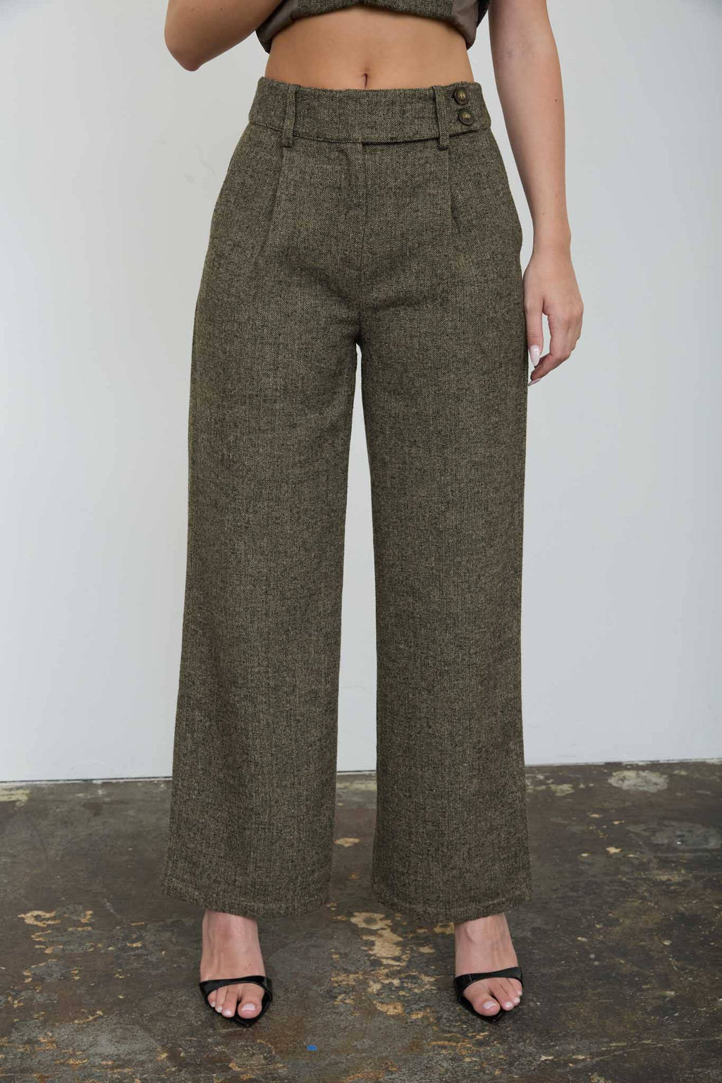 HIGH WAIST PLEATED WIDE LEG TWEED PANTS