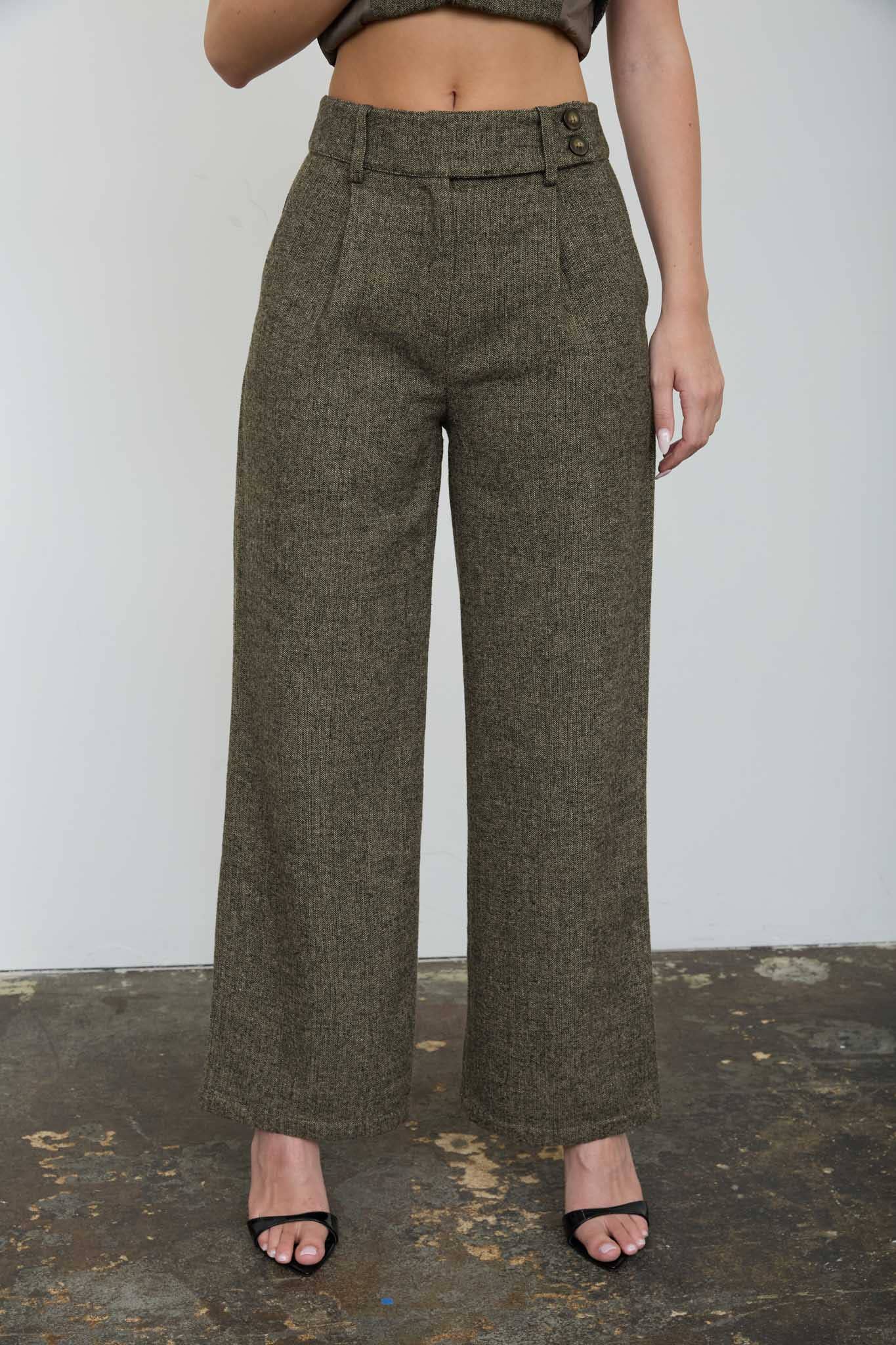HIGH WAIST PLEATED WIDE LEG TWEED PANTS