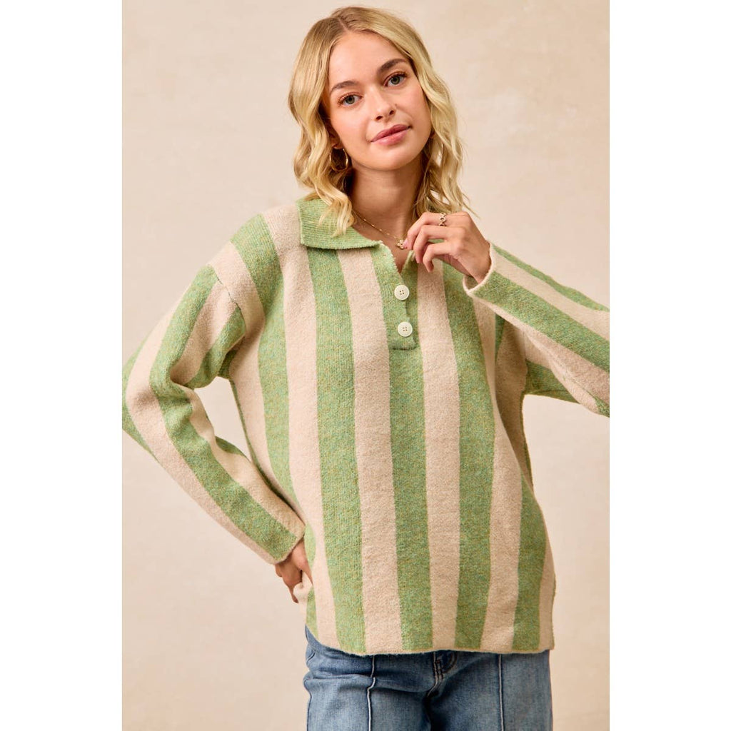 BiBi - STRIPED SWEATER TOP WITH FRONT BUTTONED