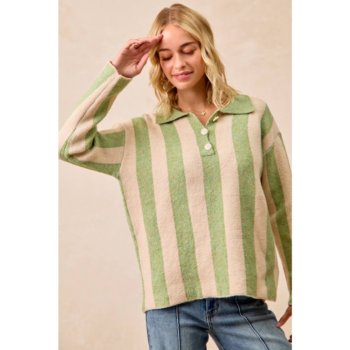 BiBi - STRIPED SWEATER TOP WITH FRONT BUTTONED