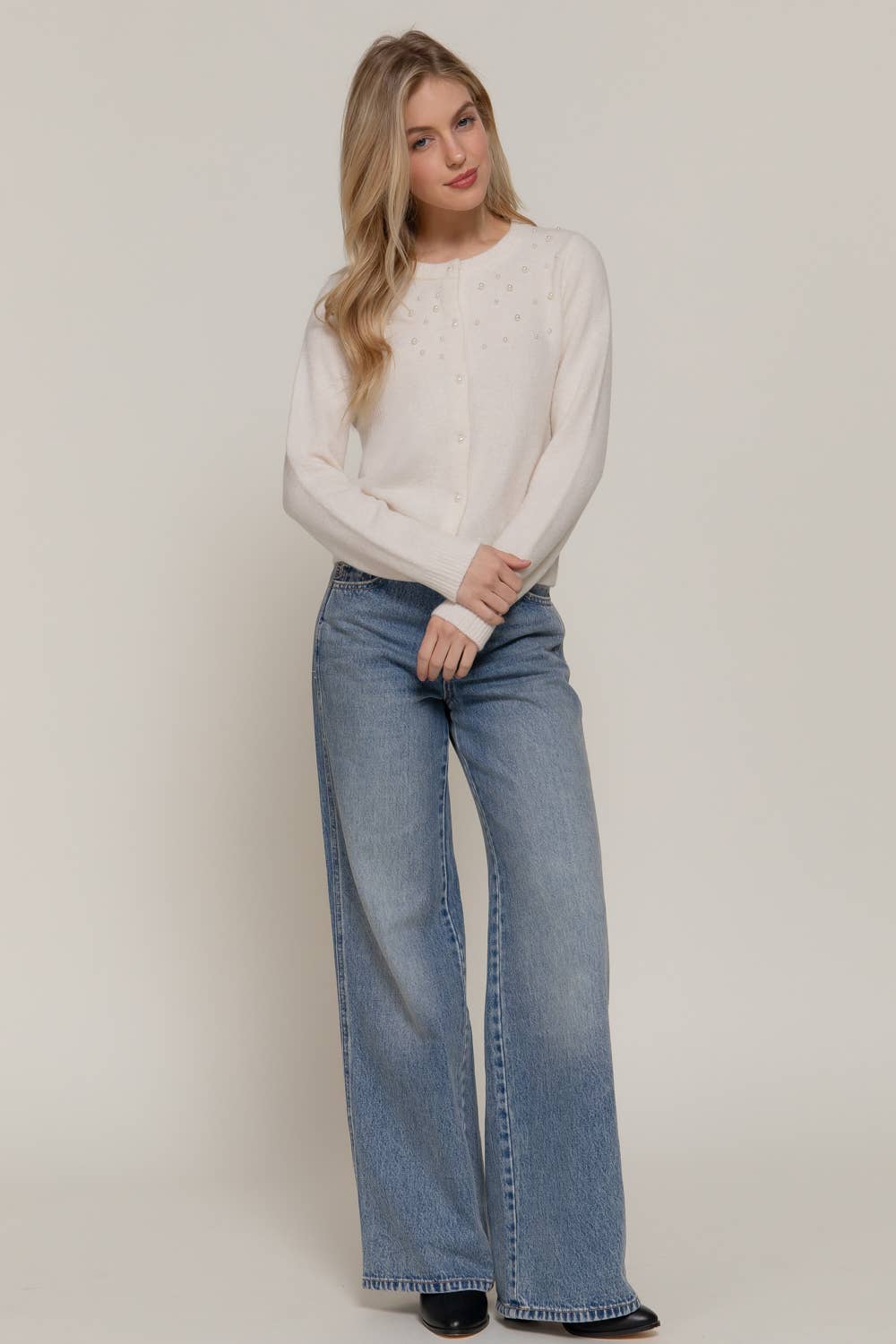 Active Basic | Active USA - Long Sleeve Round Neck Pearl Embellished Sweater Cardigan