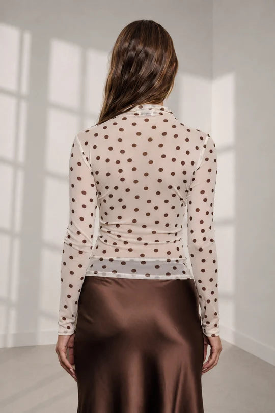 POLKA DOT MESH MOCK NECK LONG SLEEVE KNIT TOP