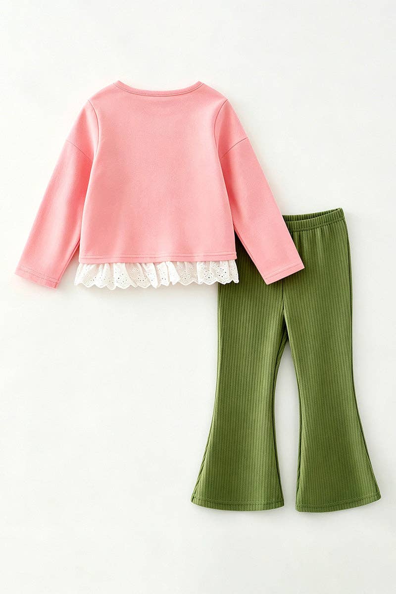 Kids Charm Online - Embroidered bow and Christmas tree on the top and olive green bottoms. OFG63022 AMY