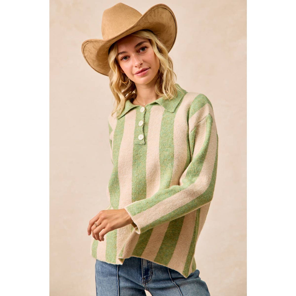BiBi - STRIPED SWEATER TOP WITH FRONT BUTTONED