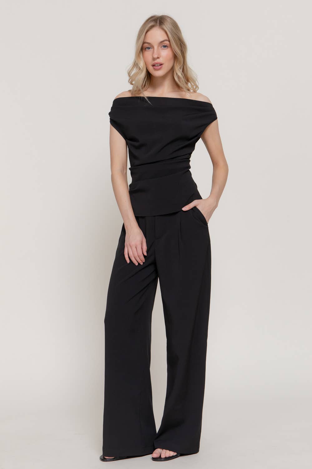Active Basic | Active USA - Off The Shoulder Ruched Top & Texture Woven Trouser Set