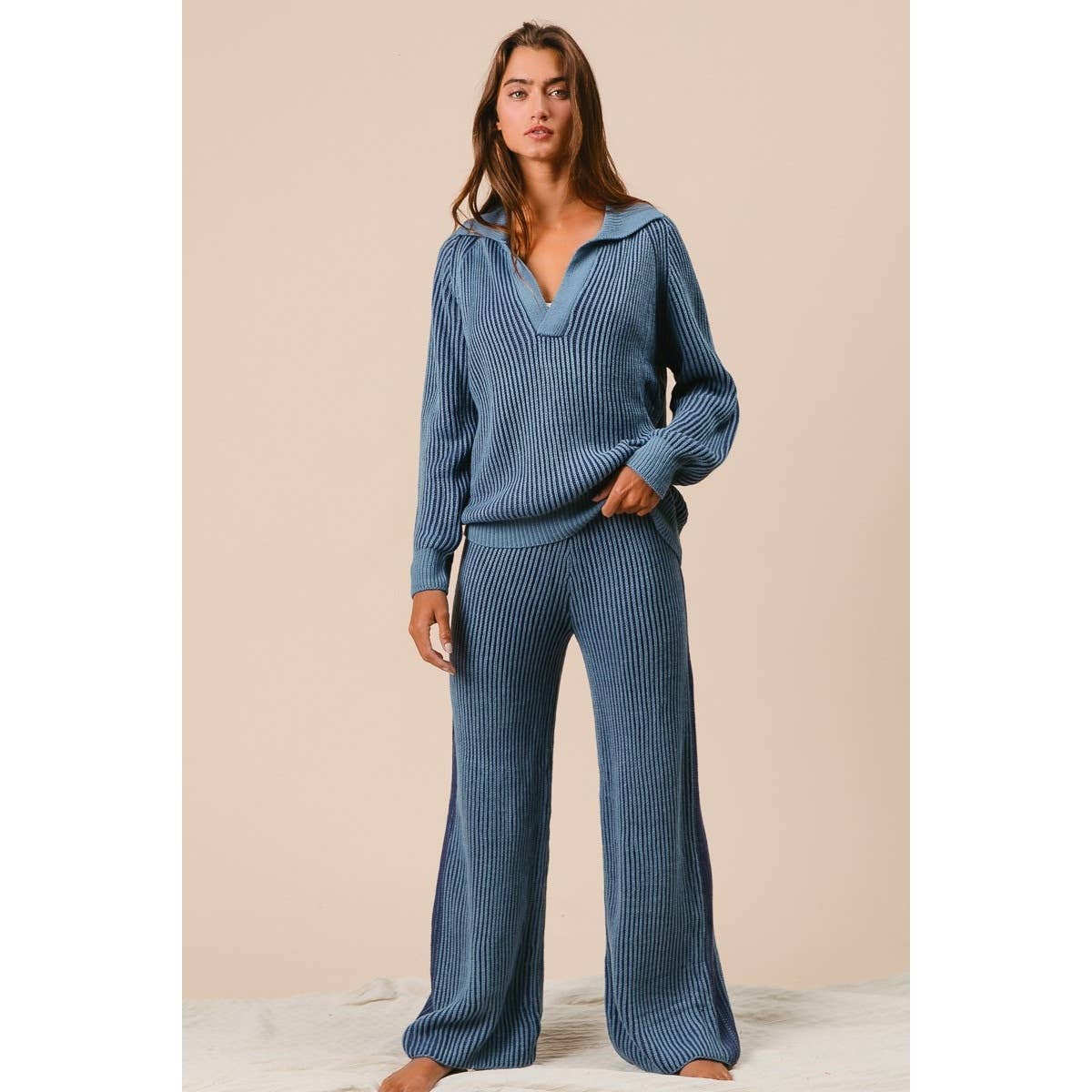 BiBi - TWO TONE RIB TEXTURE SWEATER AND PANTS SET