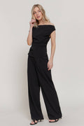 Active Basic | Active USA - Off The Shoulder Ruched Top & Texture Woven Trouser Set