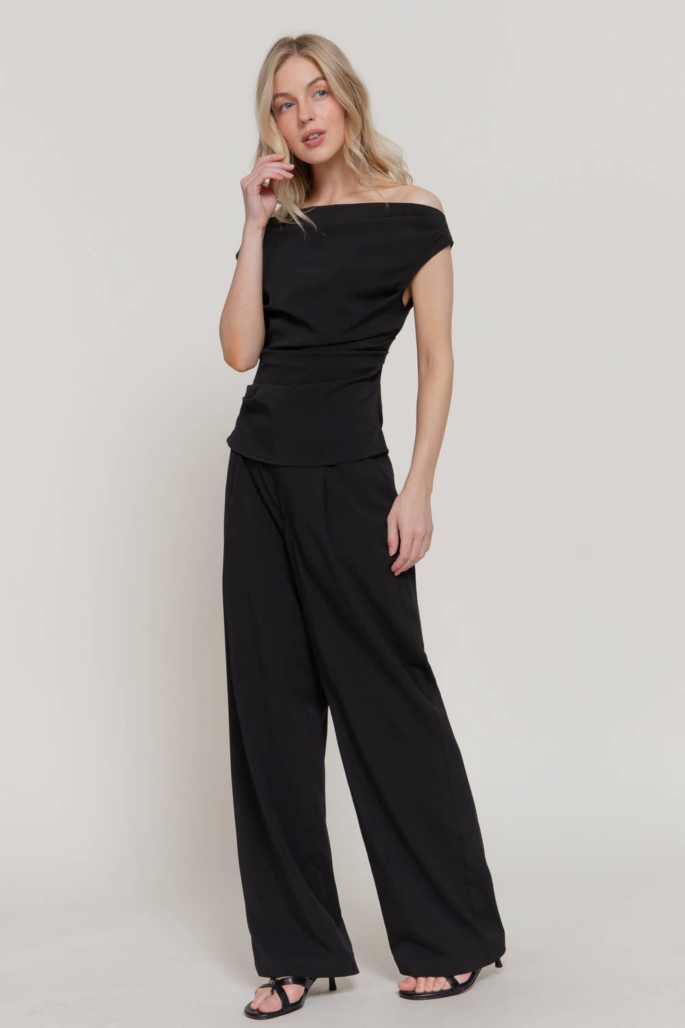 Active Basic | Active USA - Off The Shoulder Ruched Top & Texture Woven Trouser Set