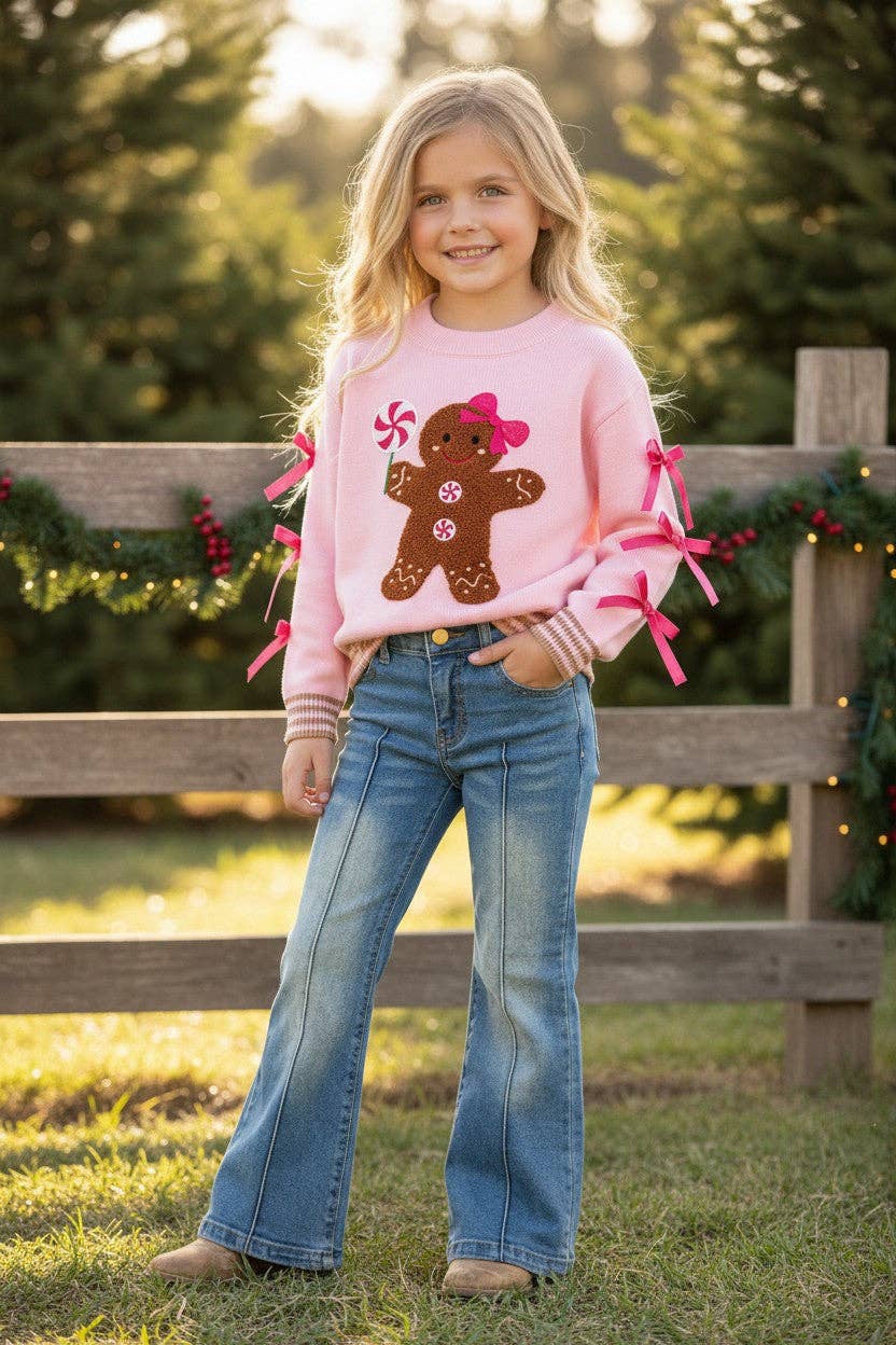Kids Charm Online - Ginger cookie pink knit sweater with bow on sleeves. TPG60738 MON