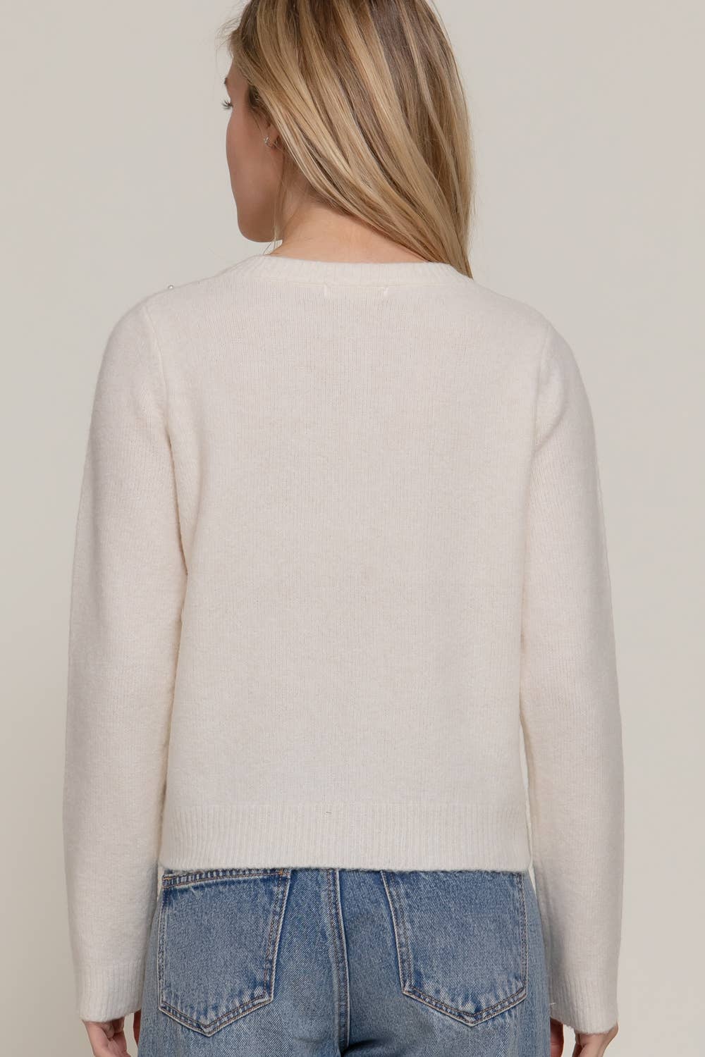 Active Basic | Active USA - Long Sleeve Round Neck Pearl Embellished Sweater Cardigan