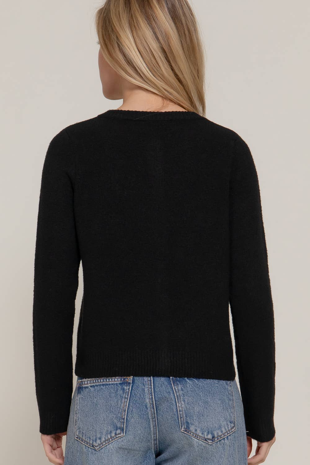 Active Basic | Active USA - Long Sleeve Round Neck Pearl Embellished Sweater Cardigan