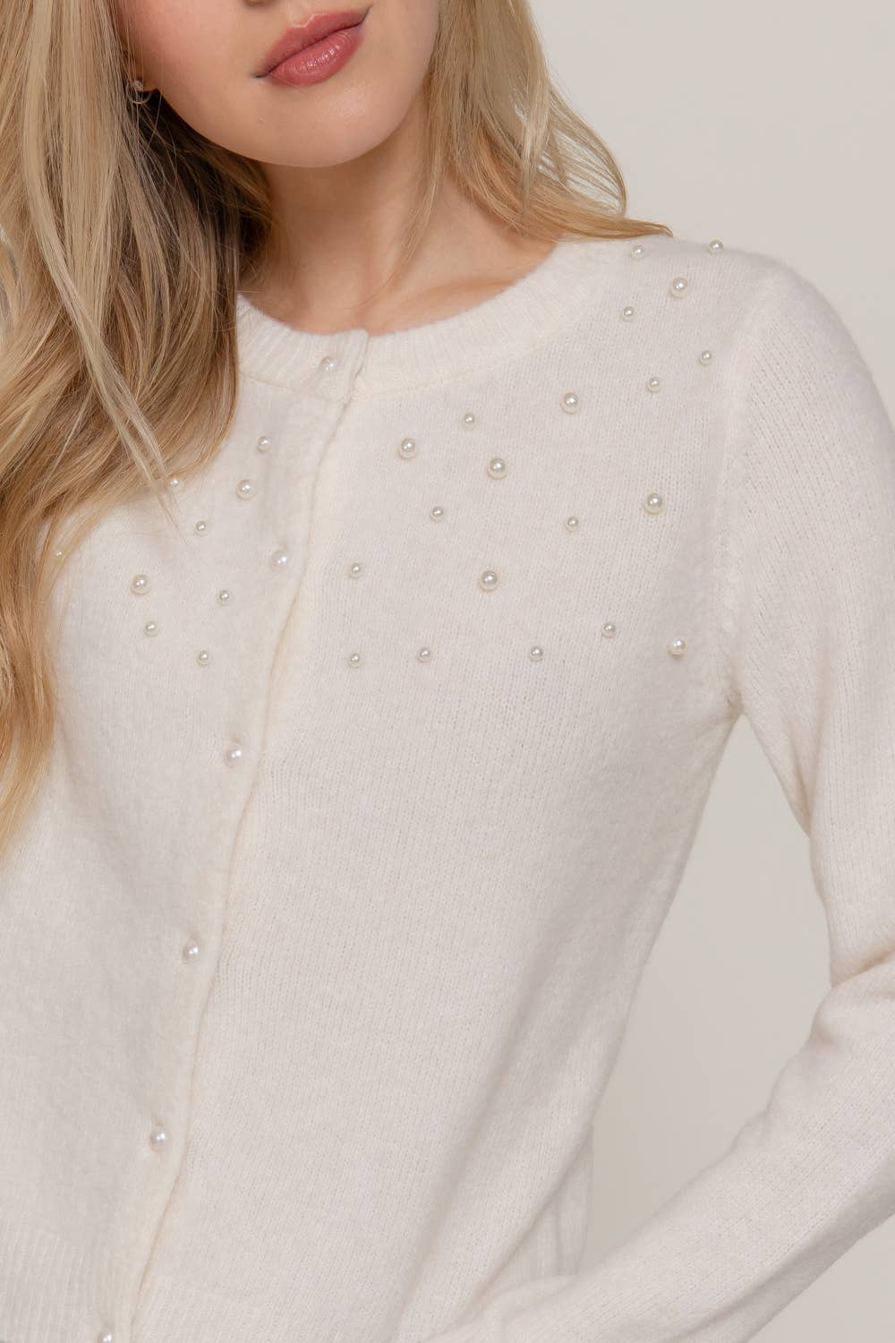 Active Basic | Active USA - Long Sleeve Round Neck Pearl Embellished Sweater Cardigan