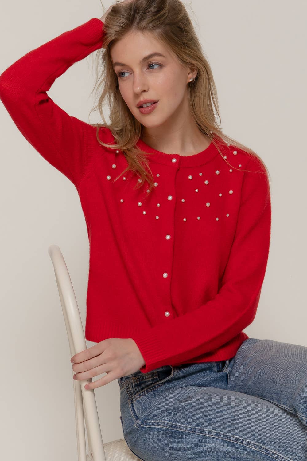 Active Basic | Active USA - Long Sleeve Round Neck Pearl Embellished Sweater Cardigan