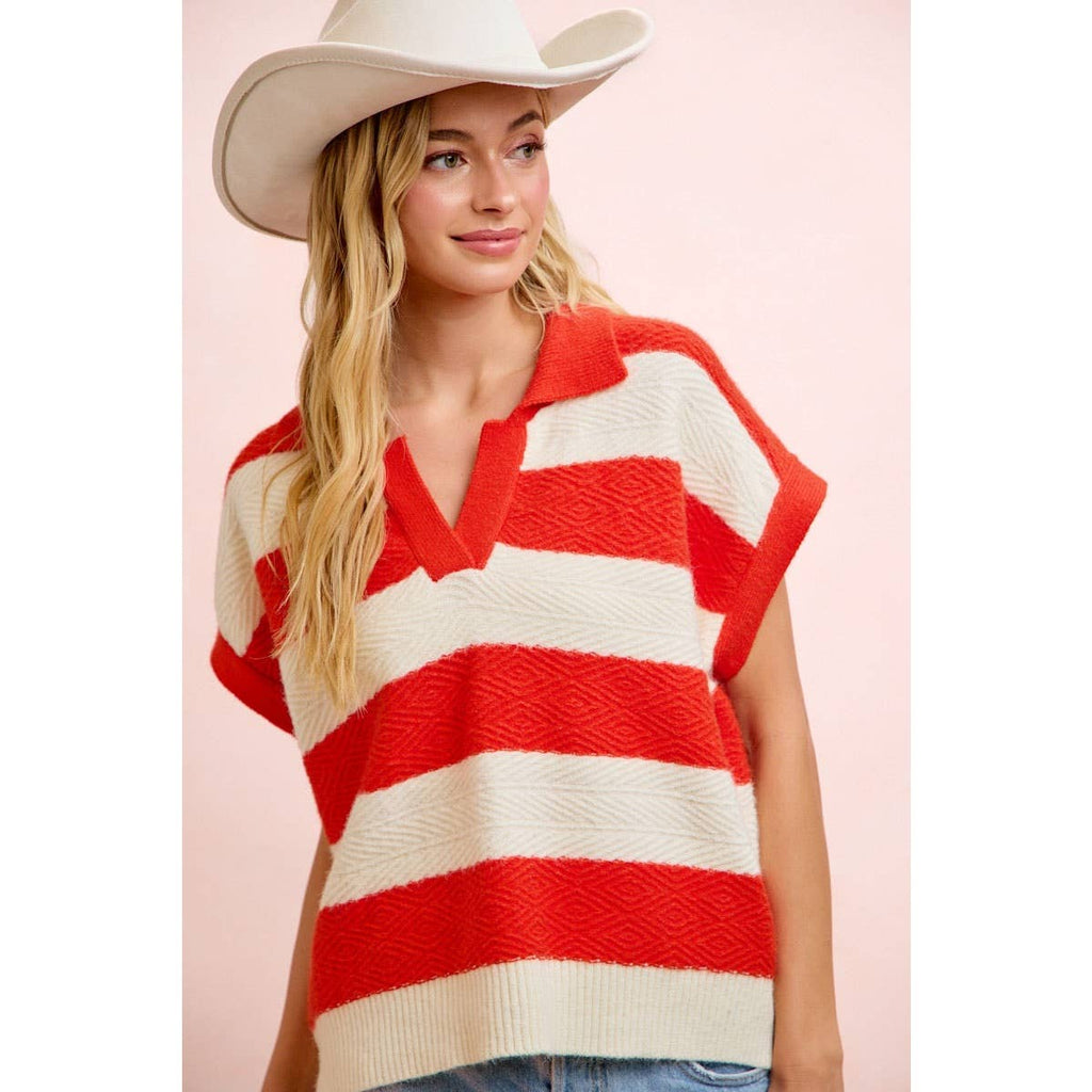 BiBi - TEXTURED STRIPE V NECKLINE RELAXED FIT KNIT TOP