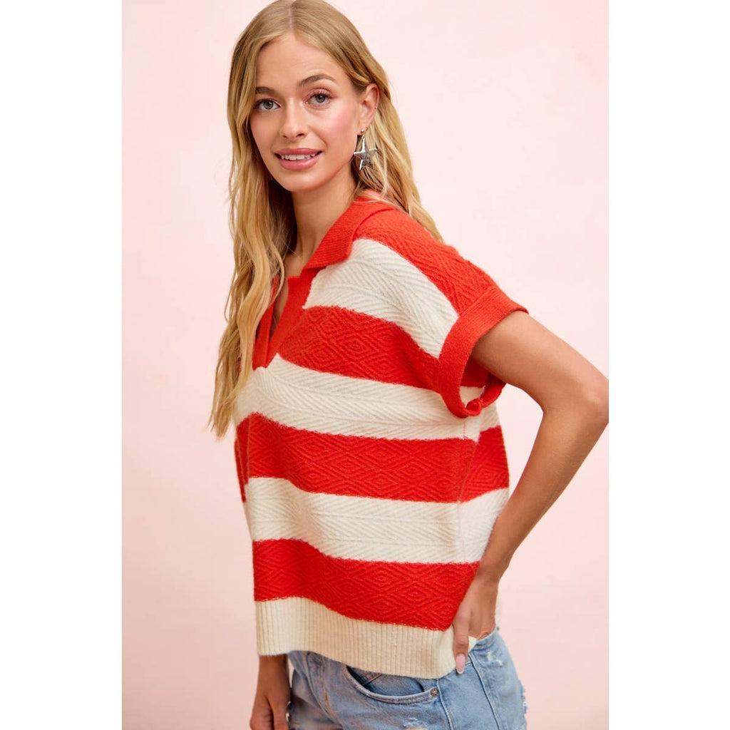 BiBi - TEXTURED STRIPE V NECKLINE RELAXED FIT KNIT TOP