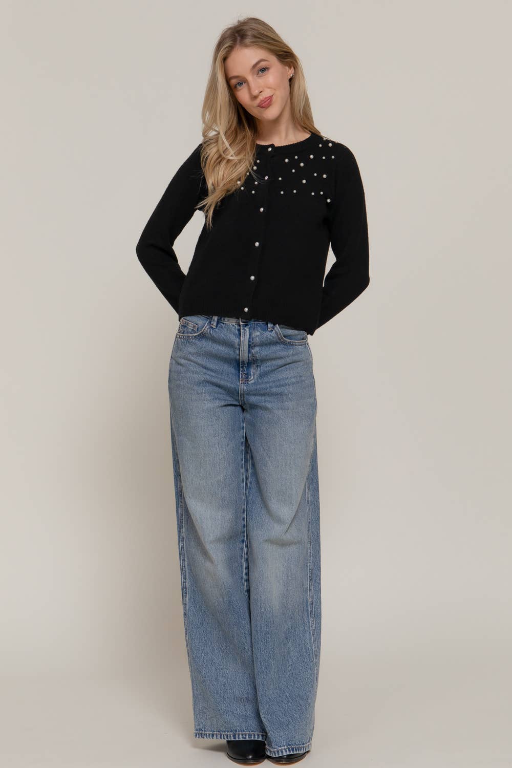Active Basic | Active USA - Long Sleeve Round Neck Pearl Embellished Sweater Cardigan