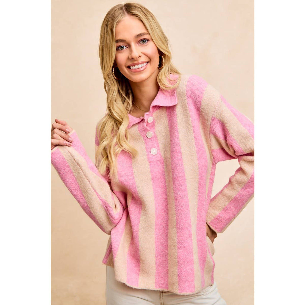 BiBi - STRIPED SWEATER TOP WITH FRONT BUTTONED