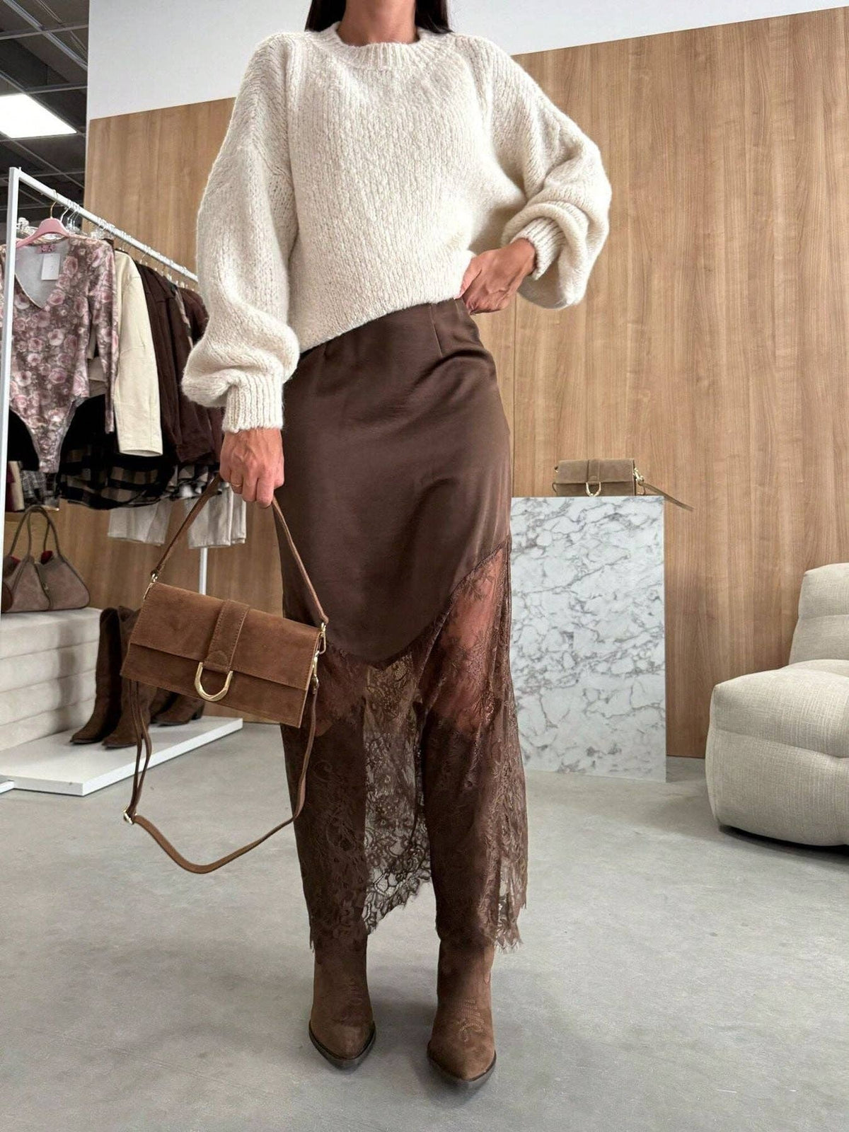 Suhkasana - Women Satin Lace Patchwork Midi Skirt Bodycon