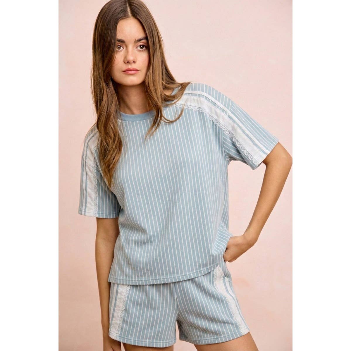 BiBi - STRIPES DENIM LACE CONTRAST SHORT SWEATSHIRT TOP