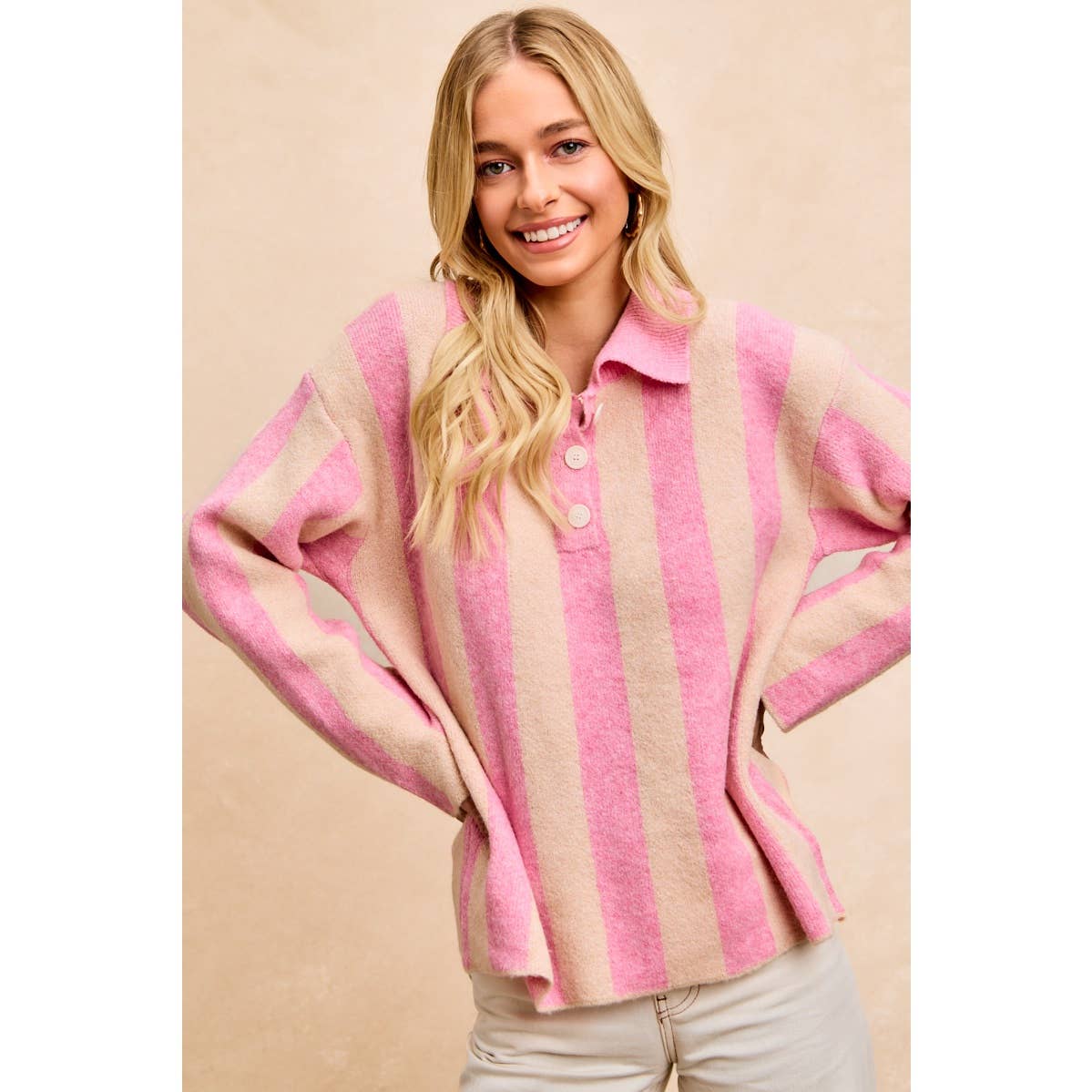 BiBi - STRIPED SWEATER TOP WITH FRONT BUTTONED