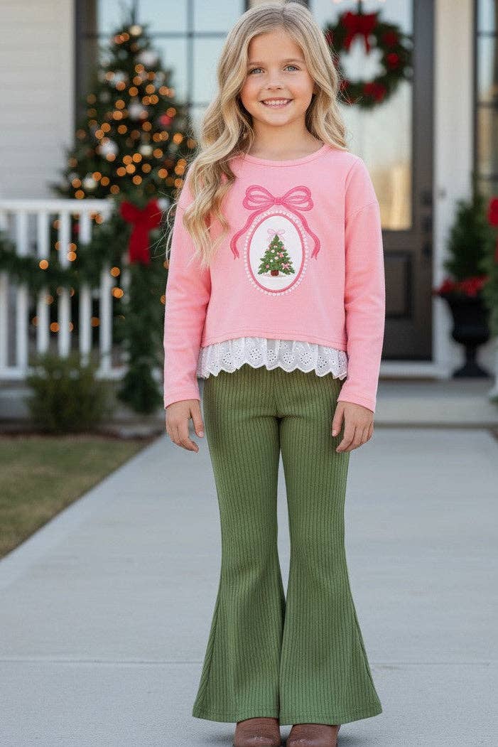 Kids Charm Online - Embroidered bow and Christmas tree on the top and olive green bottoms. OFG63022 AMY