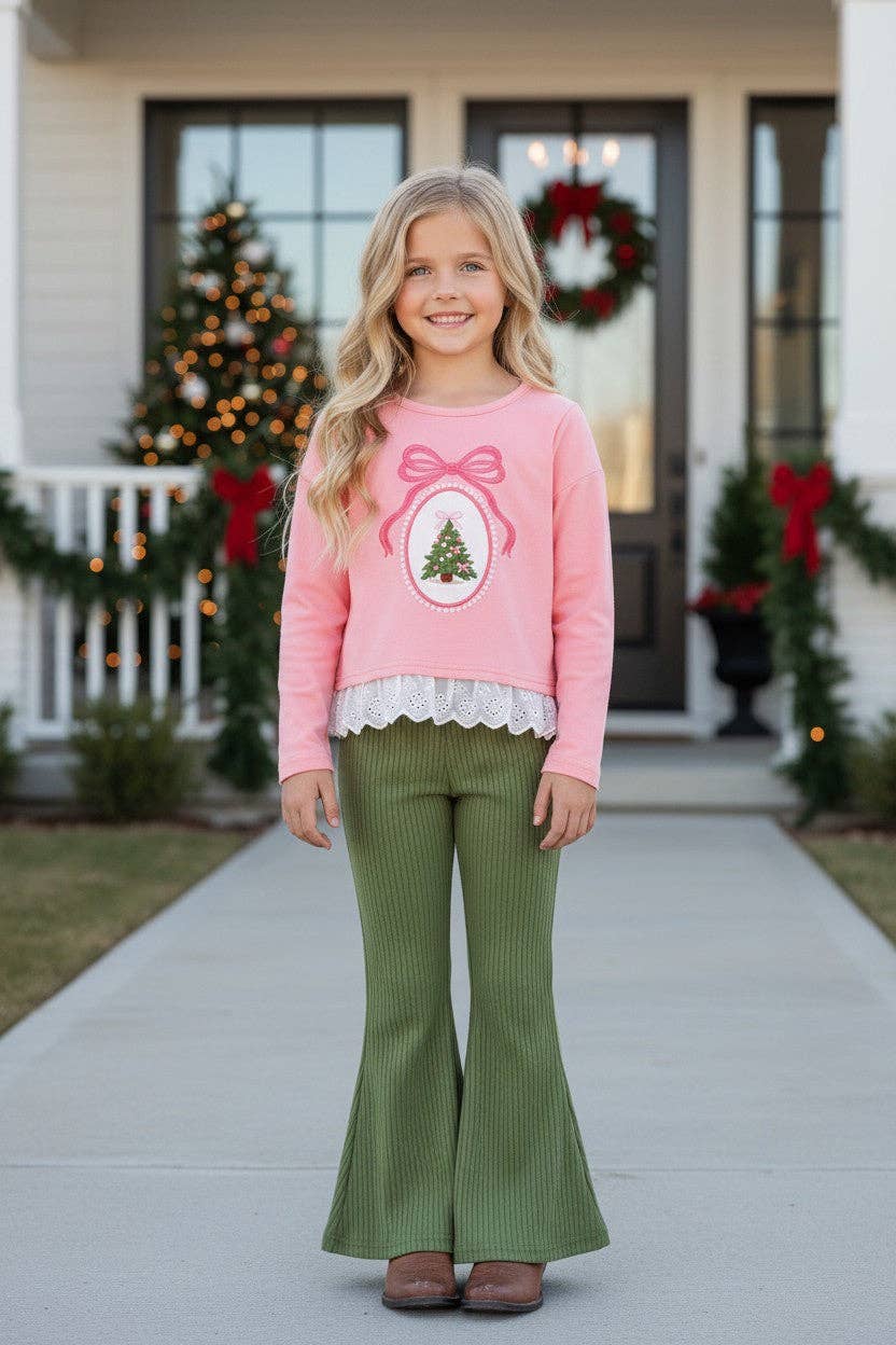 Kids Charm Online - Embroidered bow and Christmas tree on the top and olive green bottoms. OFG63022 AMY
