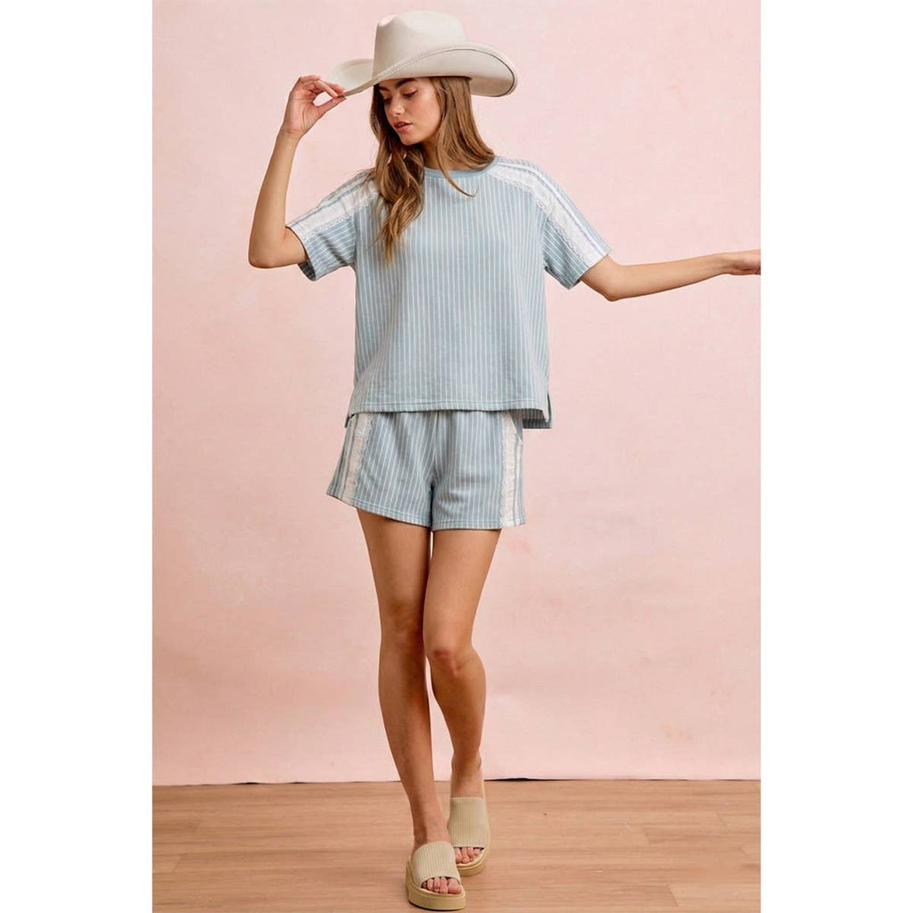 BiBi - STRIPES DENIM LACE CONTRAST SHORT SWEATSHIRT TOP