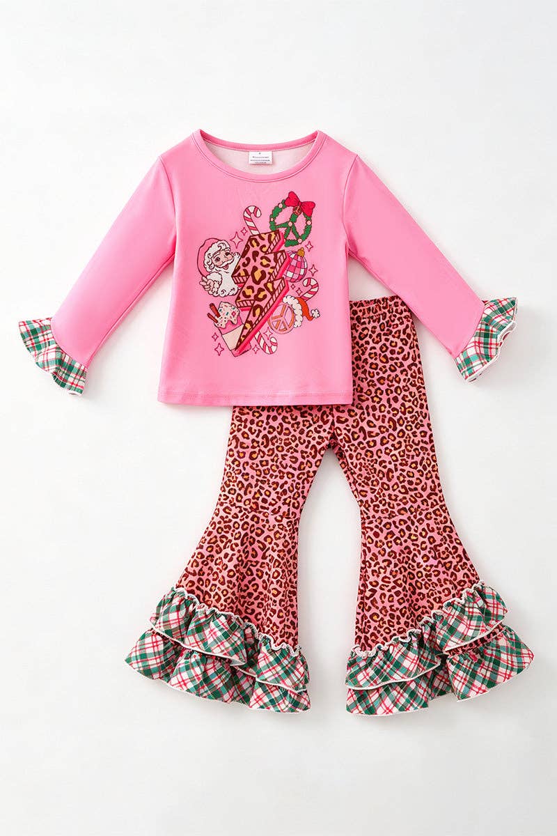Kids Charm Online - Santa printed on pink long sleeve top and animal printed bottoms w/green ruffle plaid. OFG62999 MON