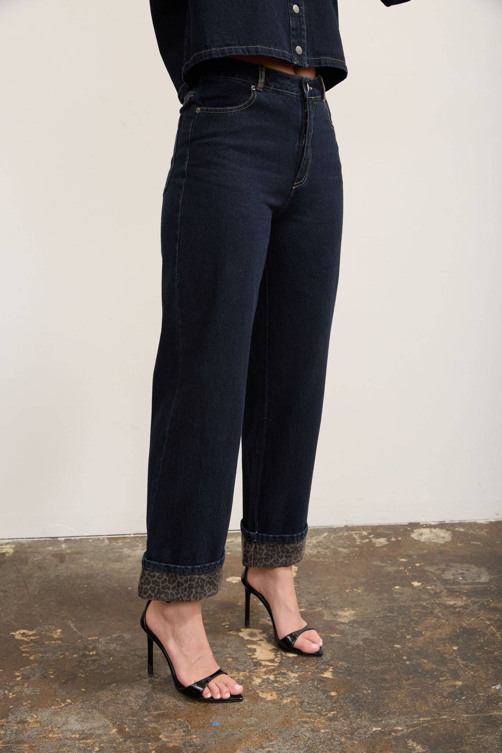 LEOPARD CUFF DETAIL WIDE LEG DENIM JEANS