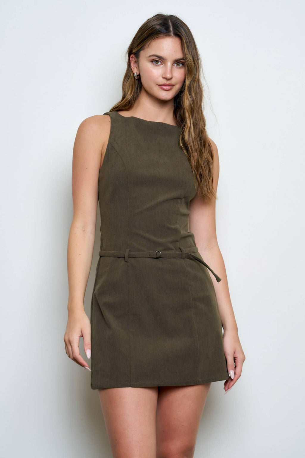 The Workshop Studio - SUEDE ROUND NECK SLEEVELESS BELTED MINI DRESS