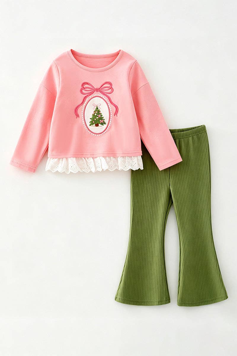 Kids Charm Online - Embroidered bow and Christmas tree on the top and olive green bottoms. OFG63022 AMY