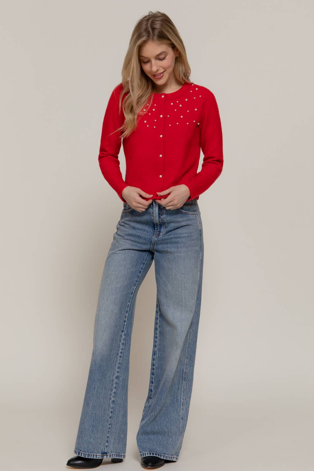 Active Basic | Active USA - Long Sleeve Round Neck Pearl Embellished Sweater Cardigan