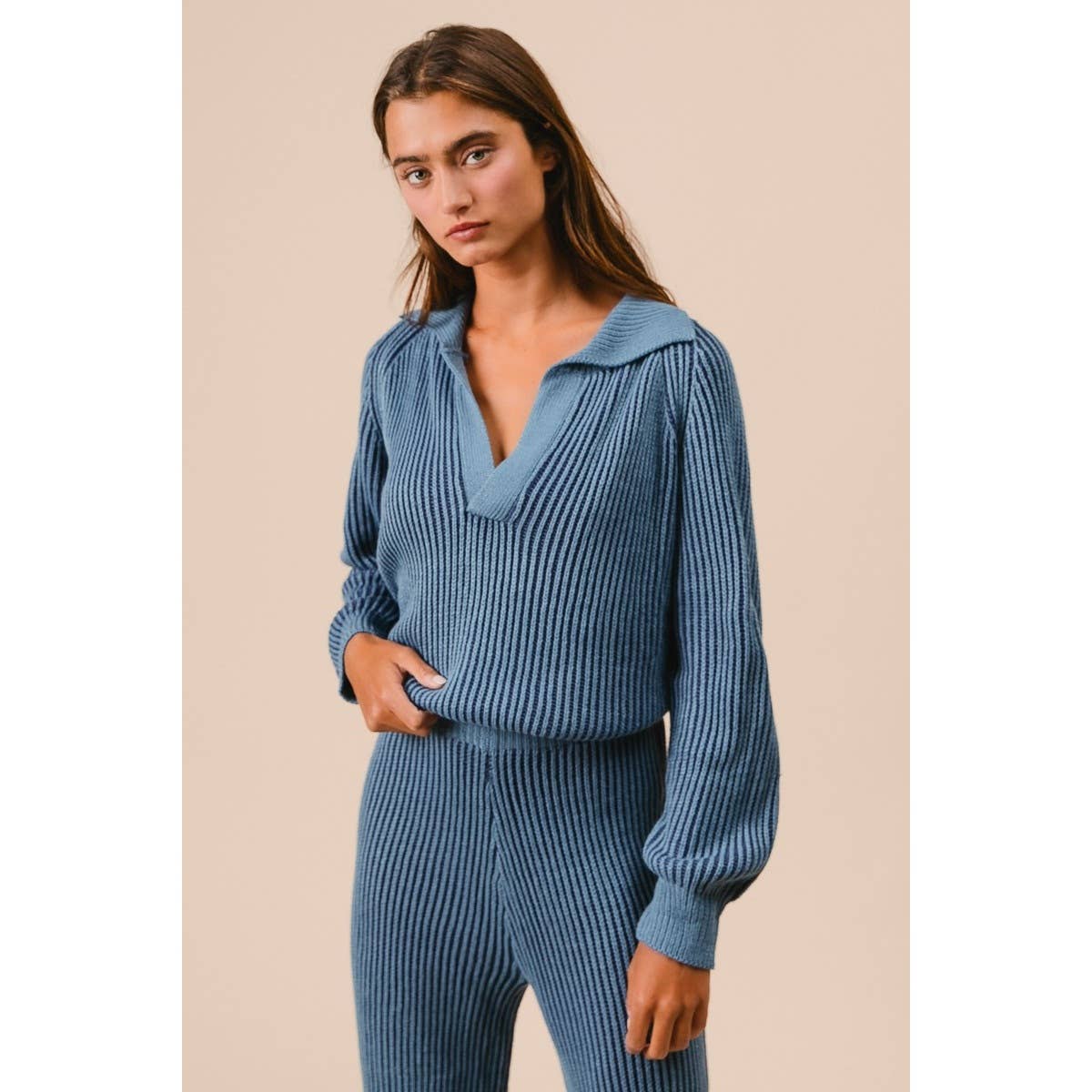 BiBi - TWO TONE RIB TEXTURE SWEATER AND PANTS SET