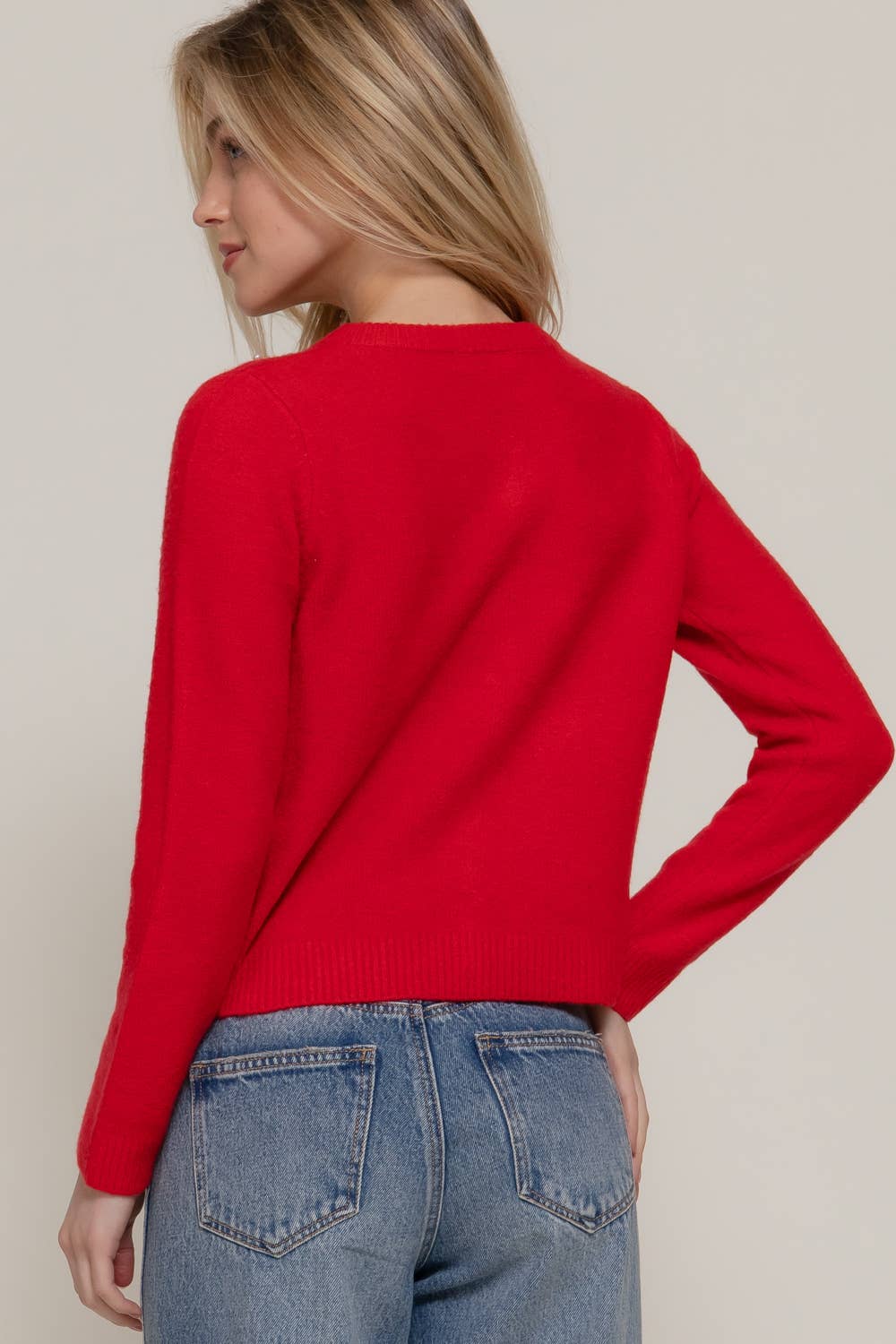 Active Basic | Active USA - Long Sleeve Round Neck Pearl Embellished Sweater Cardigan
