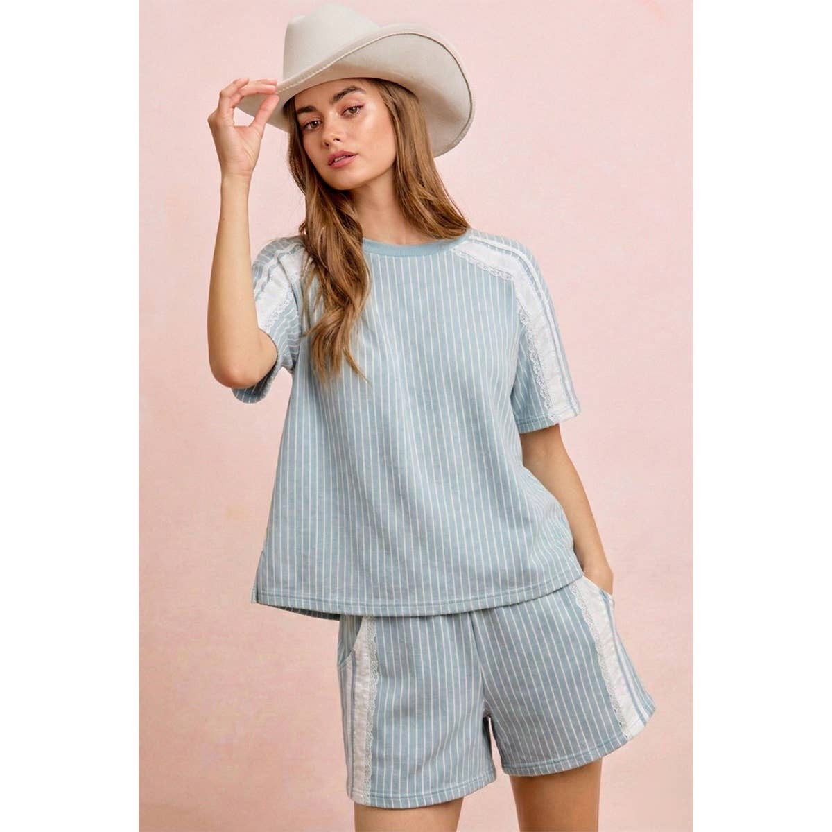 BiBi - STRIPES DENIM LACE CONTRAST SHORT SWEATSHIRT TOP