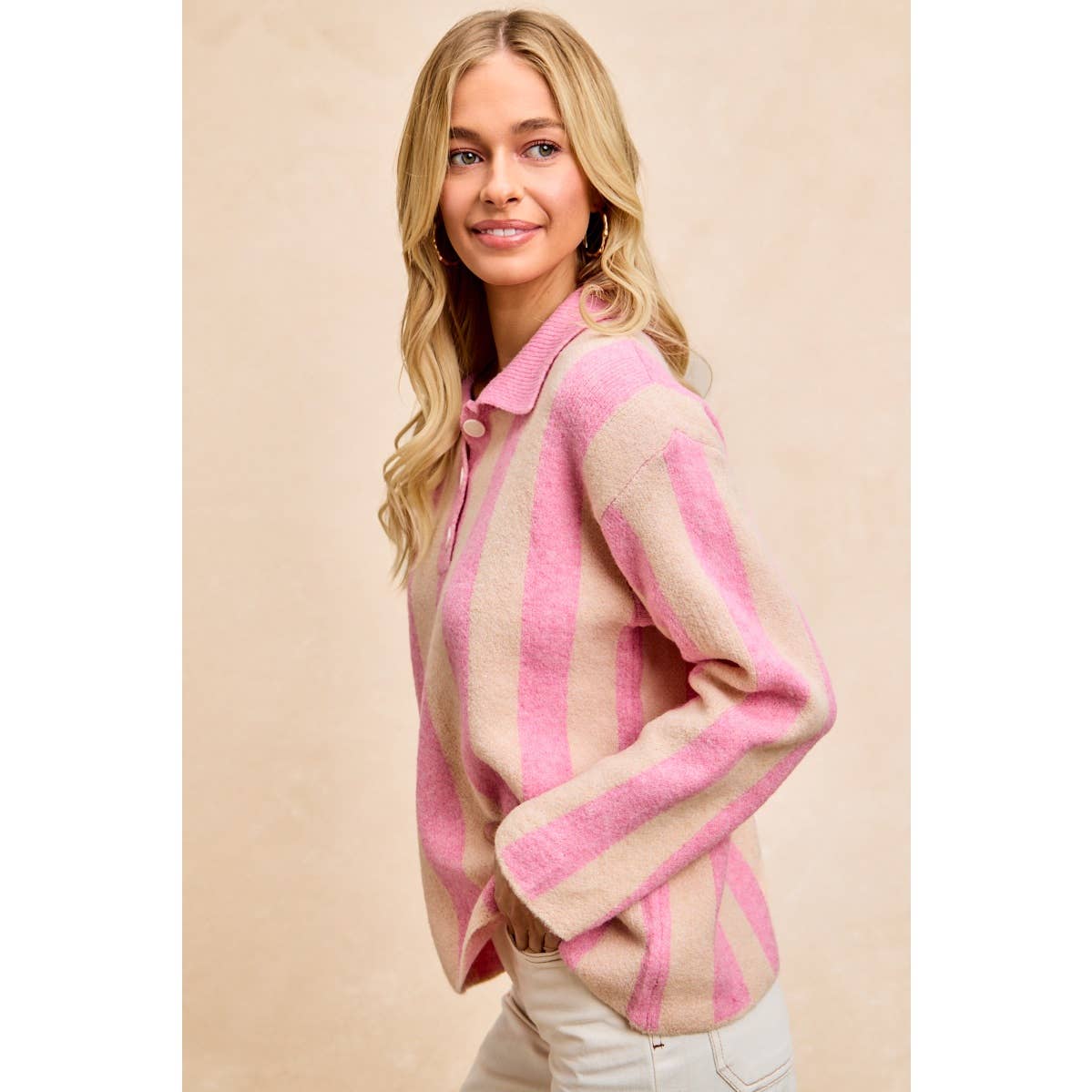 BiBi - STRIPED SWEATER TOP WITH FRONT BUTTONED