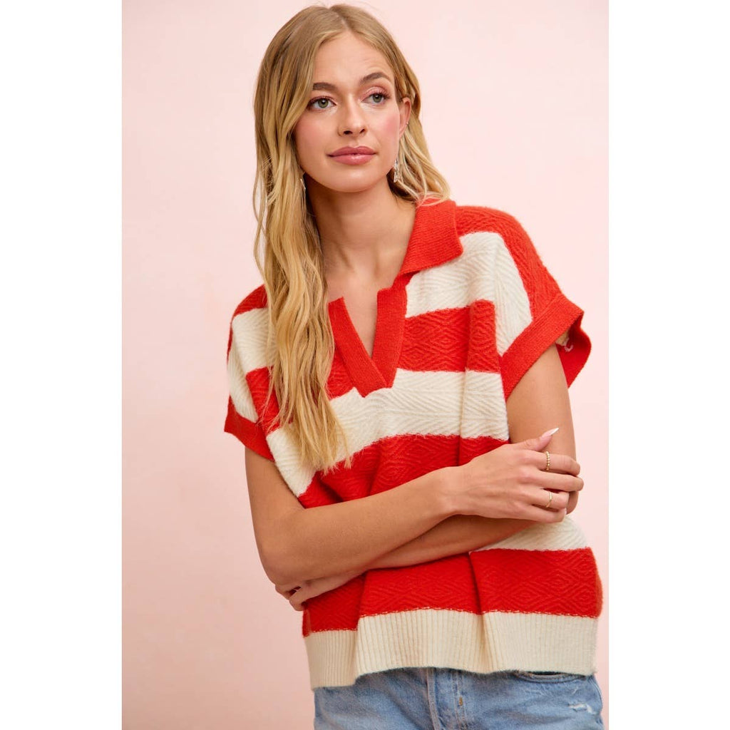 BiBi - TEXTURED STRIPE V NECKLINE RELAXED FIT KNIT TOP
