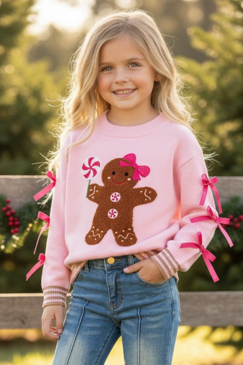 Kids Charm Online - Ginger cookie pink knit sweater with bow on sleeves. TPG60738 MON